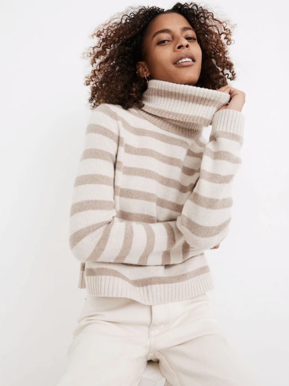 Madewell Beige and Cream Striped Turtleneck Sweater